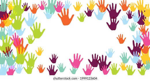 Cheerful kids handprints art therapy concept vector illustration. Child paint hand prints play and joy background. Human palm handprints illustration.