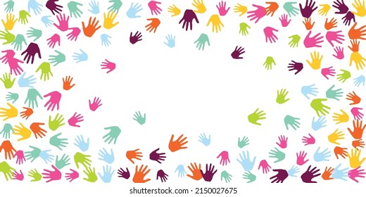 Cheerful kids handprints art therapy concept background design. Kid paint hand prints games concept. Human palm handprints illustration.