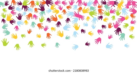 Cheerful Kids Handprints Art Therapy Concept Vector Illustration. Child Paint Hand Prints Play And Joy Pattern. Children And Adult Handprints, Palms With Five Fingers Isolated.