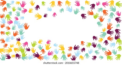 Cheerful kids handprints nursery games concept background design. Toddler paint hand prints play and joy background. People handprints in pain of different color.