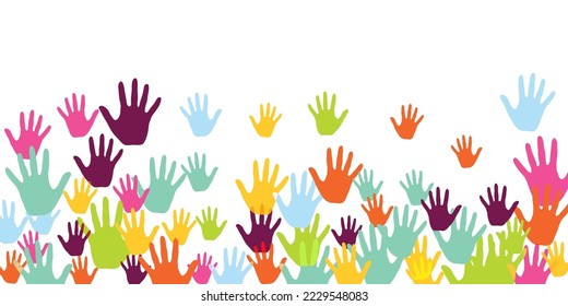 Cheerful kids handprints nursery games concept vector illustration. Kid paint hand prints art therapy pattern. Children and adult handprints, palms with five fingers isolated.