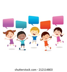 Cheerful kids. Happy kids jumping with speech bubbles.