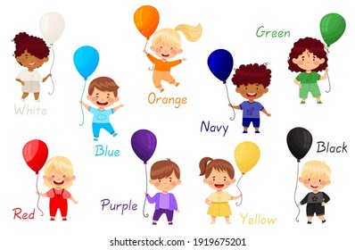 Cheerful Kids Holding Balloons of Different Colors Vector Set