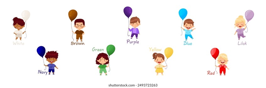 Cheerful Kids Holding Balloons of Different Colors Vector Set