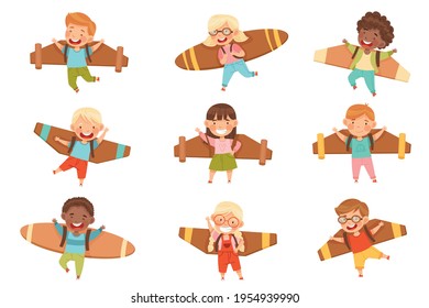 Cheerful Kids with Improvised Fake Wings Flying and Playing Vector Set