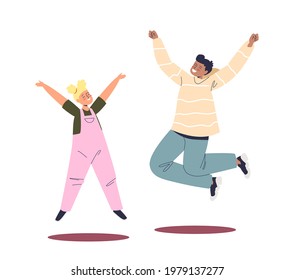 Cheerful kids jumping, diverse brother and sister, teenager children cheerful jump up happy smiling. Cute girl and boy schoolchildren have fun. Cartoon flat vector illustration