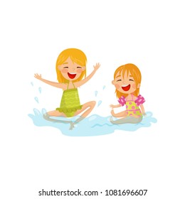 Cheerful kids making water splashes. Two little girls having fun at sea. Summer recreation. Colorful flat vector design