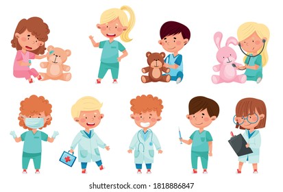 Cheerful Kids in Medical Wear Playing Doctors and Nurses Vector Illustration Set