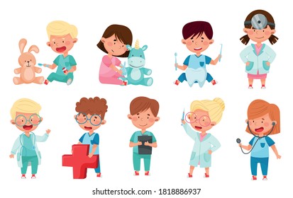 Cheerful Kids in Medical Wear Playing Doctors and Nurses Vector Illustration Set