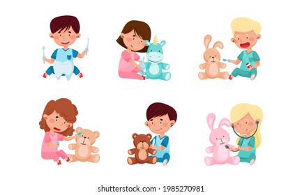 Cheerful Kids in Medical Wear Playing Doctors and Nurses Vector Illustration Set