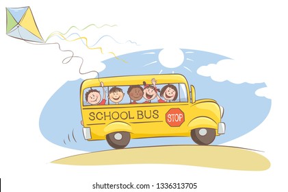 Niños alegres en el autobús escolar / Dibujo vectorial sobre el tema "Volver a la escuela"