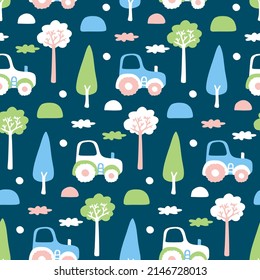 Cheerful kids pattern with doodle car - tractor driving in village forest. Cartoon seamless print with hand drawn transport for design of children's textile product, baby boy fabric, nursery wallpaper