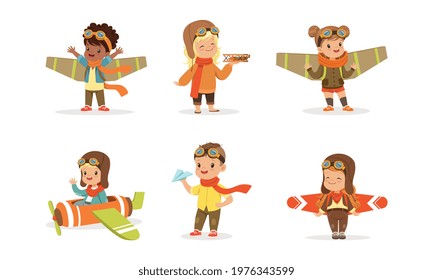 Cheerful Kids Playing Pilot with Plane and Wings Flying Vector Set