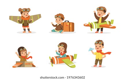 Cheerful Kids Playing Pilot with Plane and Wings Flying Vector Set