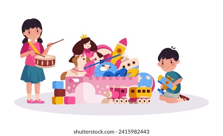 Cheerful kids playing toy together. Box full of toys as dolls, rocket, horse, ship and ball. Girl playing drums, boy holds plane. Childish activities, game with friends vector illustration