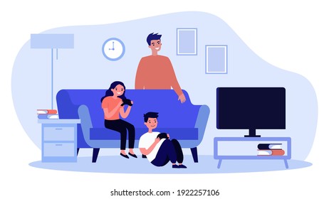 Cheerful kids playing video game in living room. Sofa, joystick, dad flat vector illustration. Entertainment and childhood concept for banner, website design or landing web page