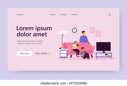 Cheerful kids playing video game in living room. Sofa, joystick, dad flat vector illustration. Entertainment and childhood concept for banner, website design or landing web page