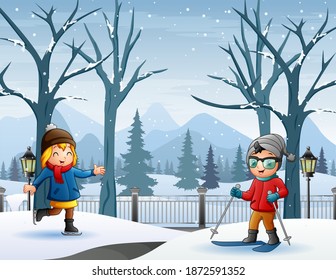 Cheerful kids playing in winter snowy landscape