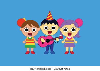 Cheerful kids sing a lively birthday tune, strumming guitars with bright smiles. Their joyful voices blend harmoniously, creating a festive atmosphere filled with laughter, claps, and happy memories.