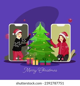 Cheerful Kids Talking To Each Other On Video Call With Decorative Xmas Tree And Gift Boxes For Merry Christmas Celebration.