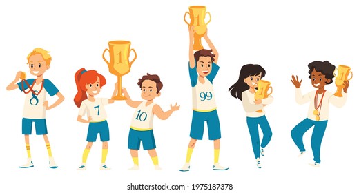 Cheerful kids trophy winners standing in a row, flat vector illustration isolated on white background. Children, boys and girls, win sports competitions.