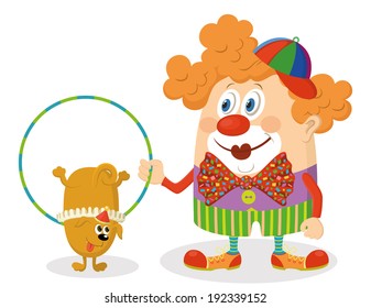Cheerful kind circus clown in colorful clothes with hoop, through which jumping trained dog, holiday illustration, funny cartoon character isolated on white background. Vector