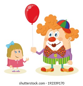 Cheerful kind circus clown in colorful clothes gives a little girl a balloon, holiday illustration, funny cartoon character, isolated on white background. Vector