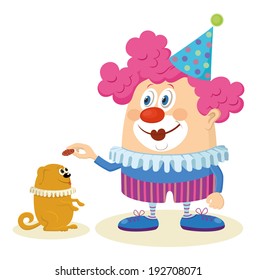 Cheerful kind circus clown in colorful clothes with trained dog, holiday illustration, funny cartoon character isolated on white background. Vector