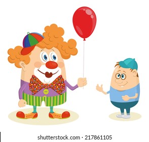 Cheerful kind circus clown in colorful clothes gives a little boy a balloon, holiday illustration, funny cartoon character isolated on white background. Vector