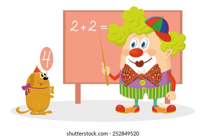 Cheerful kind circus clown in colorful clothes with trained dog solving arithmetic exercises on a blackboard, funny cartoon characters isolated on white background. Vector