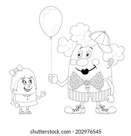 Cheerful kind circus clown gives a little girl a balloon, holiday illustration, funny cartoon character, black contour isolated on white background. Vector