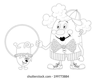 Cheerful kind circus clown with hoop, through which jumping trained dog, holiday illustration, funny cartoon character, black contour isolated on white background. Vector