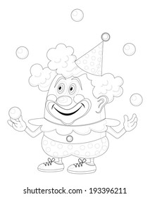 Cheerful kind circus clown juggling balls, holiday illustration, funny cartoon character, black contour isolated on white background. Vector