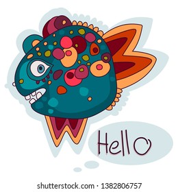 Cheerful, kind, funny fish. Multicolored print for children. Symbol, postcard, logo, emblem. For children's textiles.
