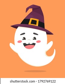 A cheerful and kind ghost in a witch's cap. Halloween holiday. Vector illustration in flat cartoon style.