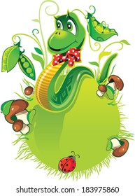 Cheerful, kind snake with a red bow with white polka dots on a green ball with green grass, mushrooms and green beans.