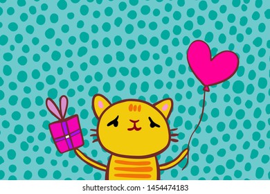 Cheerful kitten holding present and hear shaped balloon hand drawn vector poscard for birthday party textured