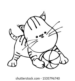 cheerful kitten playing with ball vector illustration in black ink isolated on white background in hand drawn style 