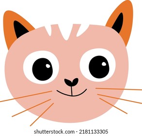 Cheerful kitten portrait of feline animal with long whiskers and curious muzzle expression. Mammal with pink fur, fluffy kitty, purebred pussycat. Domestic pet companion. Vector in flat style