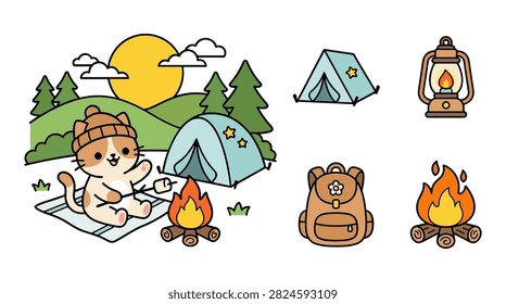 Cheerful kitten roasting food over campfire at sunny mountainside campsite featuring isolated backpack tent and lamp icons.