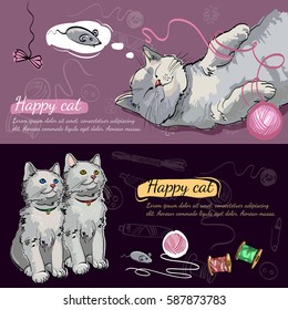 Cheerful kittens. Happy cat dreams of a mouse banner hand drawn vector 