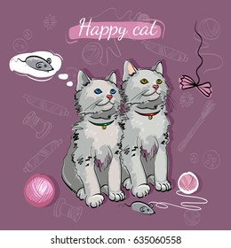 Cheerful kittens, happy cat dreams of a mouse. Beautiful and funny kittens. Template for cat food, veterinary clinic 