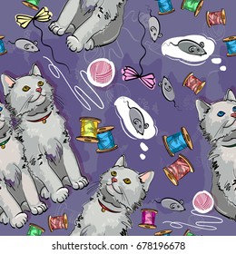 Cheerful kittens seamless pattern, happy cat dreams of a mouse. Beautiful and funny kittens. Template for cat food, veterinary clinic vector 