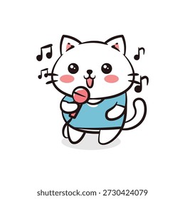 Cheerful kitty singing into a microphone with musical notes in the background, perfect for concert and performance themes.