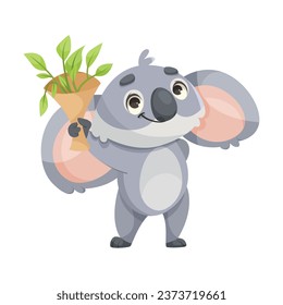 Cheerful Koala Animal with Large Ears and Pretty Snout Hold Bouquet Vector Illustration