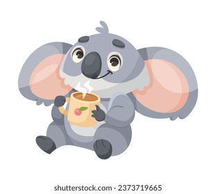 Cheerful Koala Animal with Large Ears and Pretty Snout Drink Hot Tea Vector Illustration