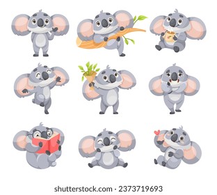 Cheerful Koala Animal with Large Ears and Pretty Snout Vector Set