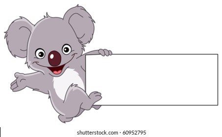 Cheerful koala climbing a sign