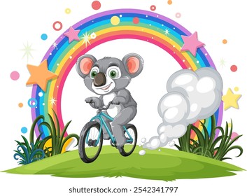 A cheerful koala cycling beneath a colorful rainbow