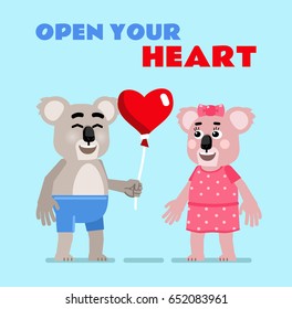 Cheerful koala gives heart shaped balloon to his girlfriend. Open your heart - positive motivation quote. Simple vector illustration